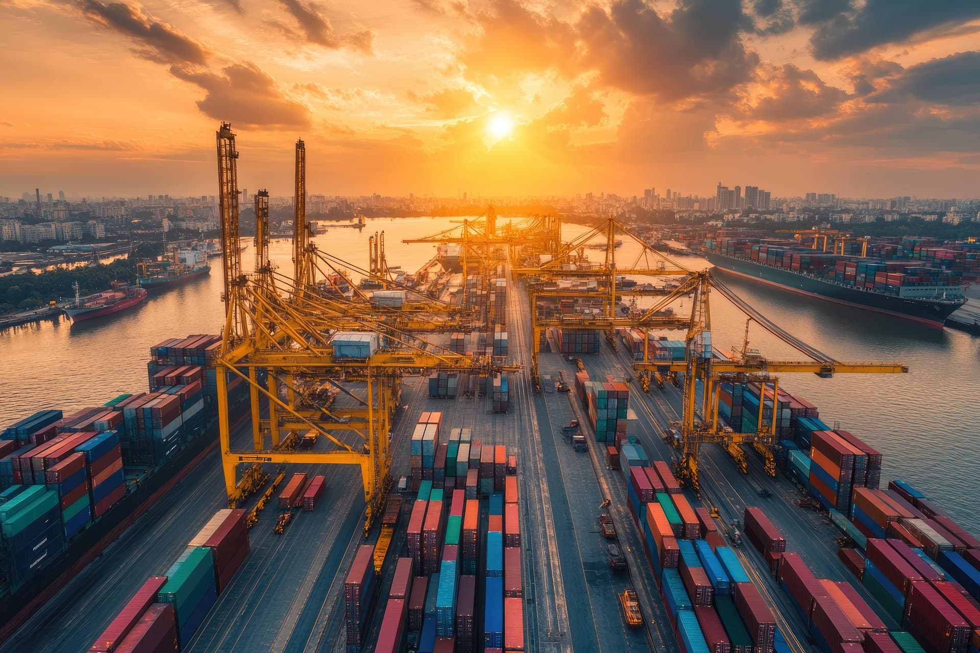 Container port at sunset